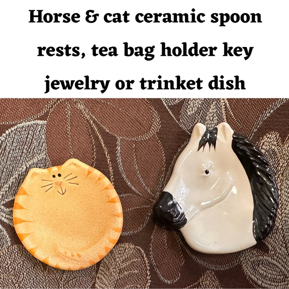 Vtg Horse & cat ceramic spoon rests, tea bag holder key jewelry or trinket dish